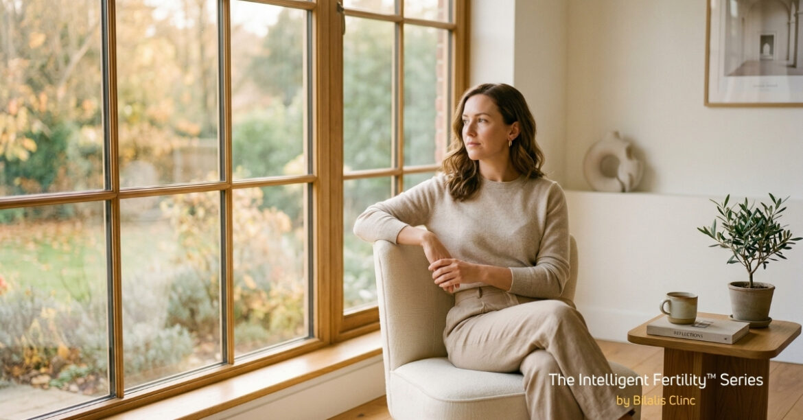 Γυναίκα 30 ετών κάθεται σε πολυθρόνα κοντά σε μεγάλο παράθυρο με θέα κήπο, στοχαστική έκφραση — Κατάψυξη ωαρίων, Bilalis Conscious Women's Clinic